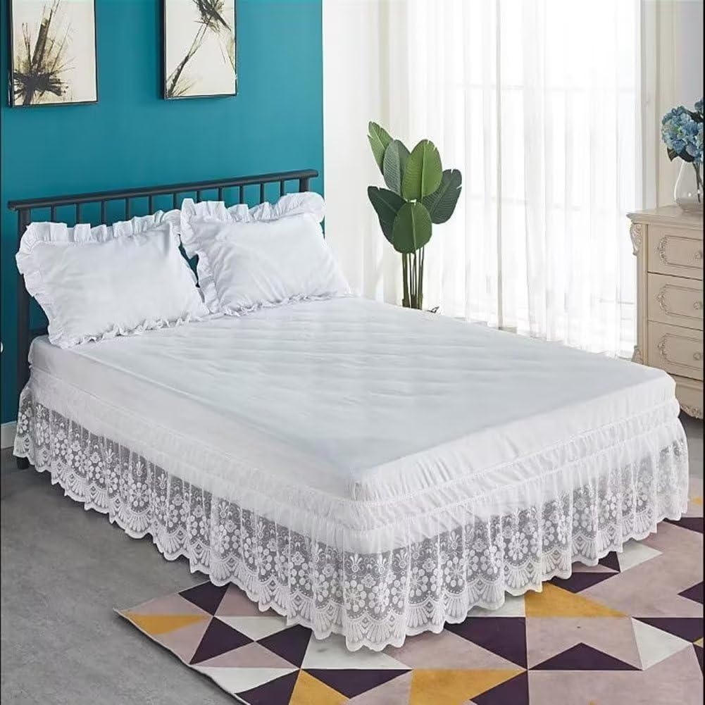 Lace Trimmed Elastic Bed Wrap, Dust Ruffle Bedskirt, White (White, Queen)