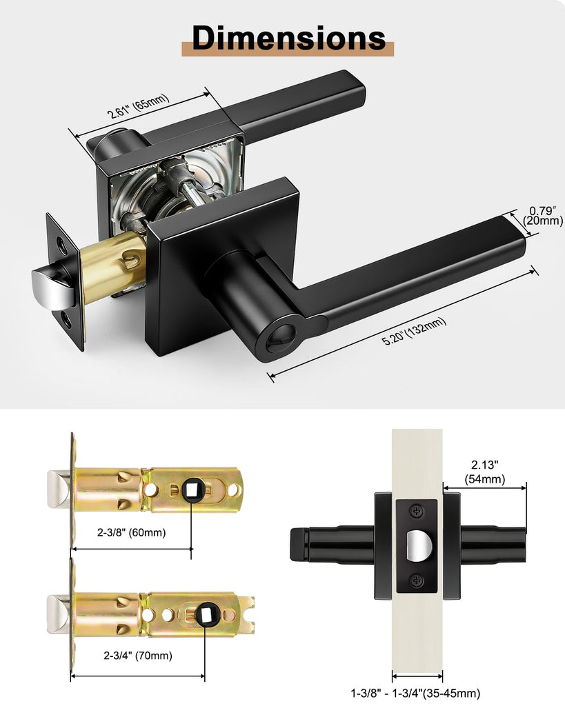 2 Pack Interior Privacy Door Handles, Matte Black Heavy Duty Levers with Lock Bathroom, Square Lockset Upgrade