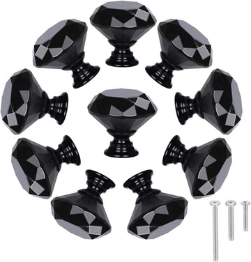 10 Pack Drawer Knobs, Drawer Pulls Black Diamond Shaped Crystal Glass 30mm Cabinet Knobs Pull Handles with Screws Chest