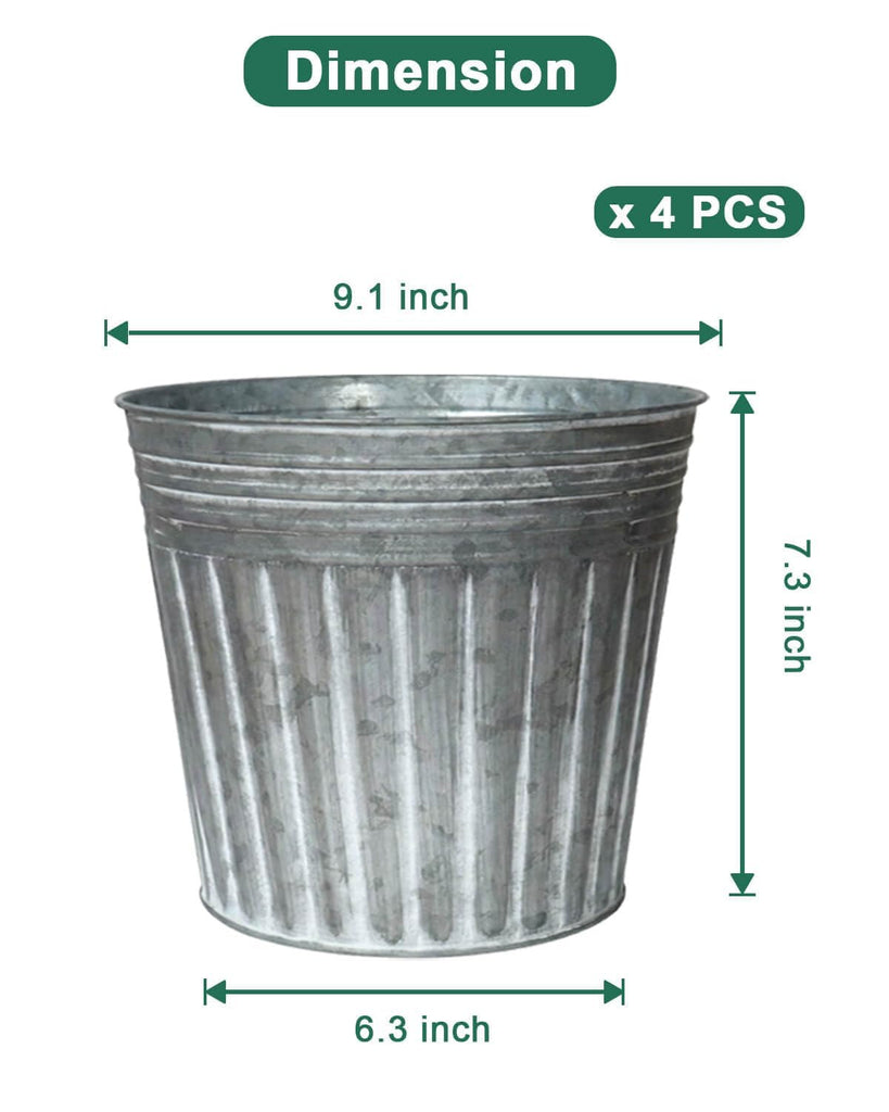 9 Inch Galvanized Planters, 4 Pack Metal Plant Pots with Drainage Hole
