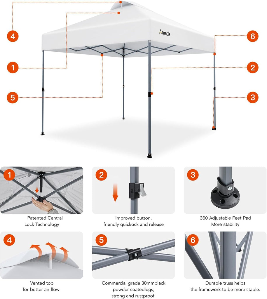 Amada 10x10 Pop Up Canopy Tent, 1-Button Push Easy-up Outdoor Canopy Beach Tent with 3-Height Adjustable Sun Shade