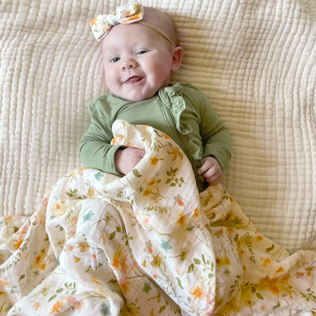 Newborn Swaddle Set with Matching Hat and Bow Set, Wooden Birth Announcement Card, Floral Baby Girl Newborn Receiving