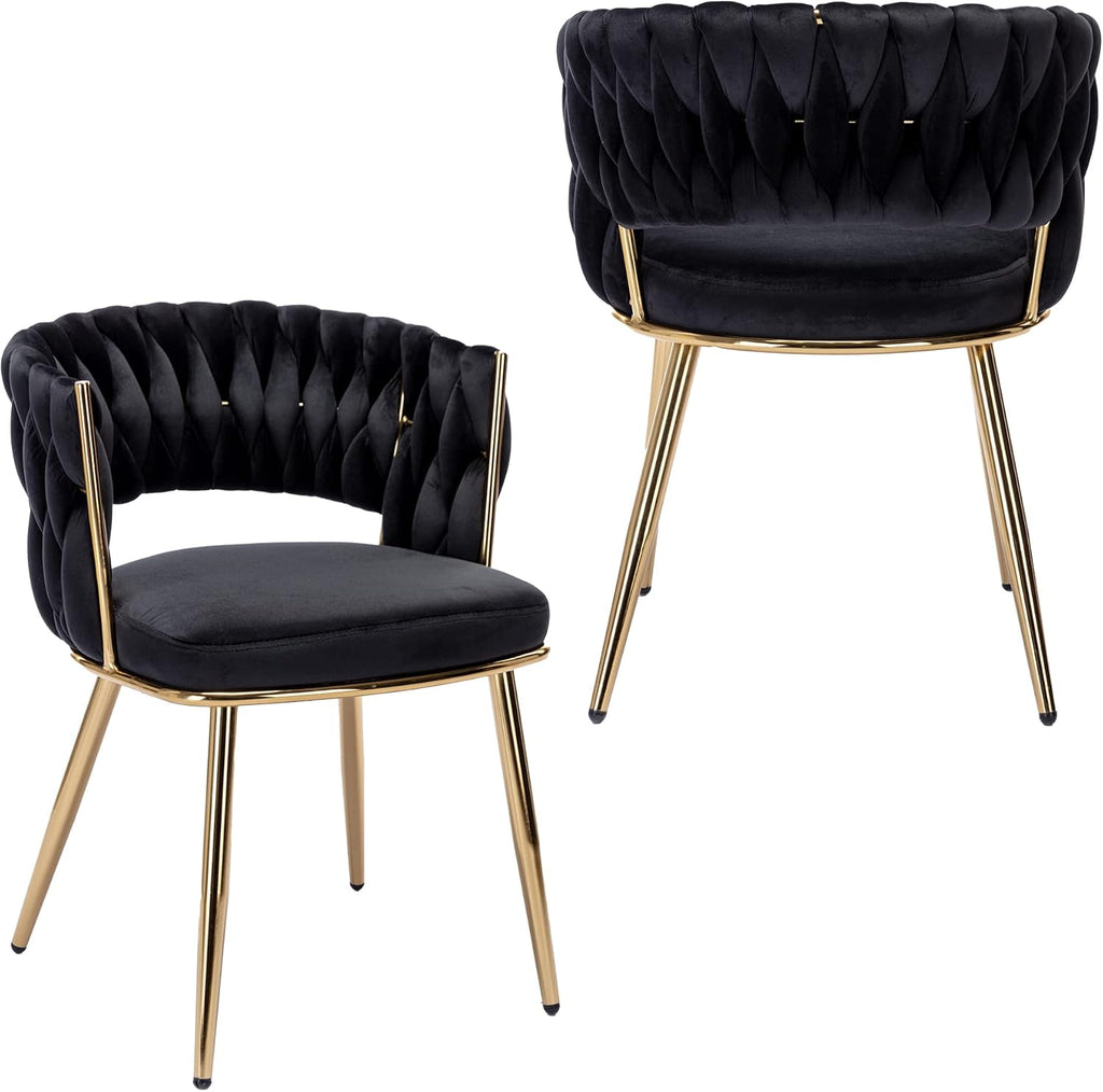 Velvet Dining Chairs Set of 2, Gold Modern Dining Chair with Metal Legs, Woven Upholstered Dining Chairs for Dining