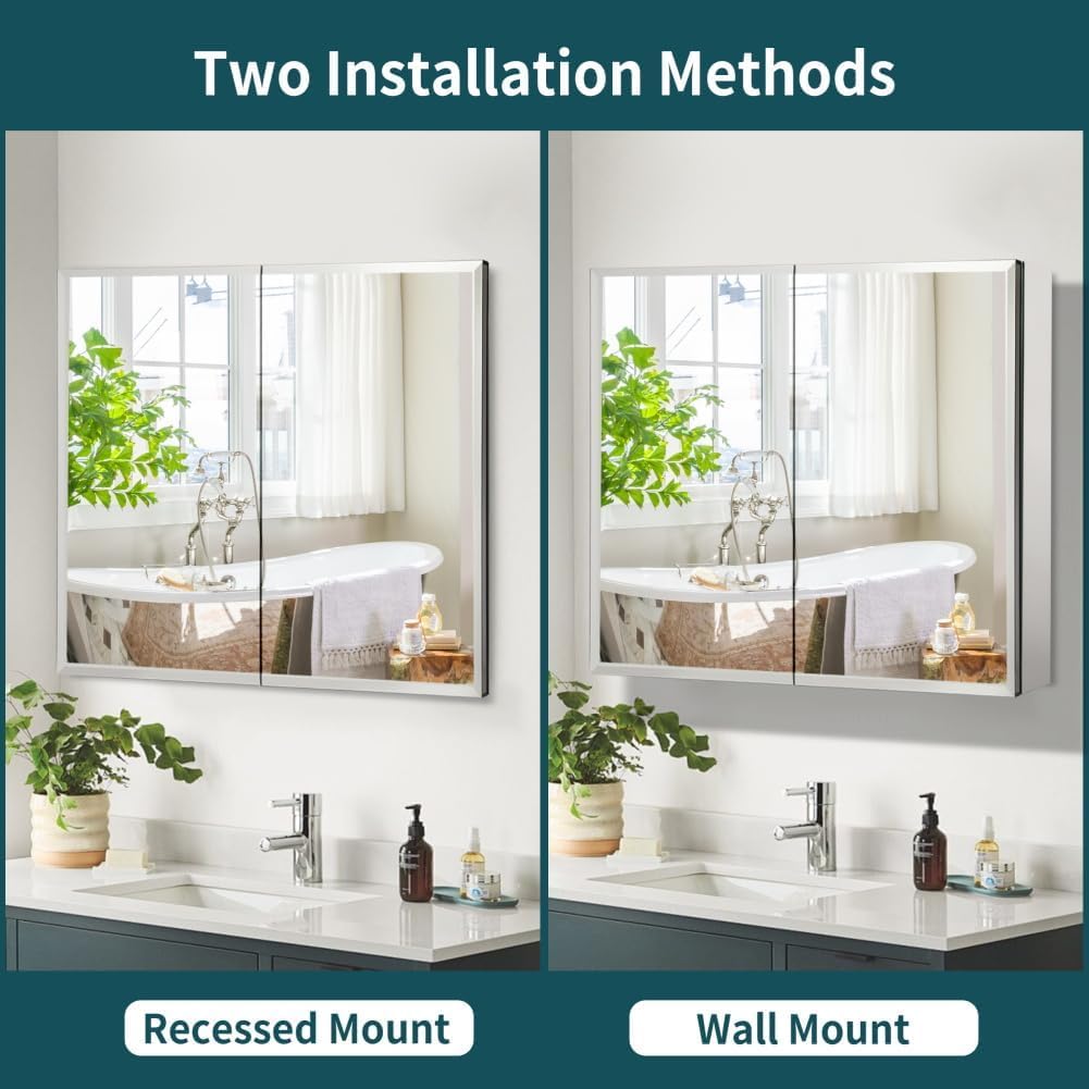 Double Doors Medicine Cabinet with Mirror, 30 inch X 26 inch Aluminum Bathroom Medicine Cabinet, Adjustable Glass