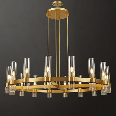 Modern 48" Gold Wagon Wheel Chandelier, Brass Round Chandeliers for Dining Room,16-Light Farmhouse Living Room Chandelier with Glass Tube for Bedroom,Staircase, Foyer, Entryway, Includes Bulbs A115-B0CQKCW5CD