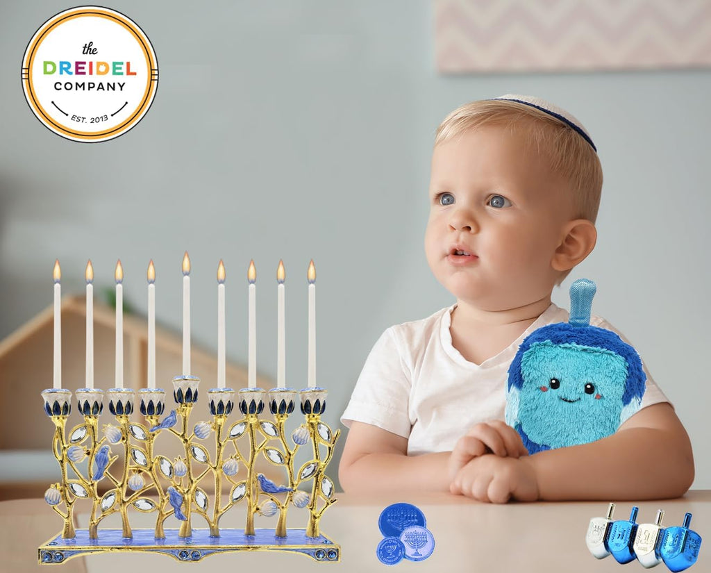 Hanukkah Enamel Pomegranate & Blue Bird Design, Hand-Painted Enameled Metal This Ornate 9 Branch Measures 12" High X