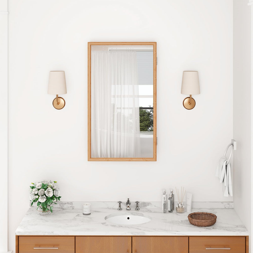 Bamboo Medicine Cabinet with Mirror, 14" x 24" Small Bathroom Mirror with Storage, 2 Removable Shelves, Farmhouse