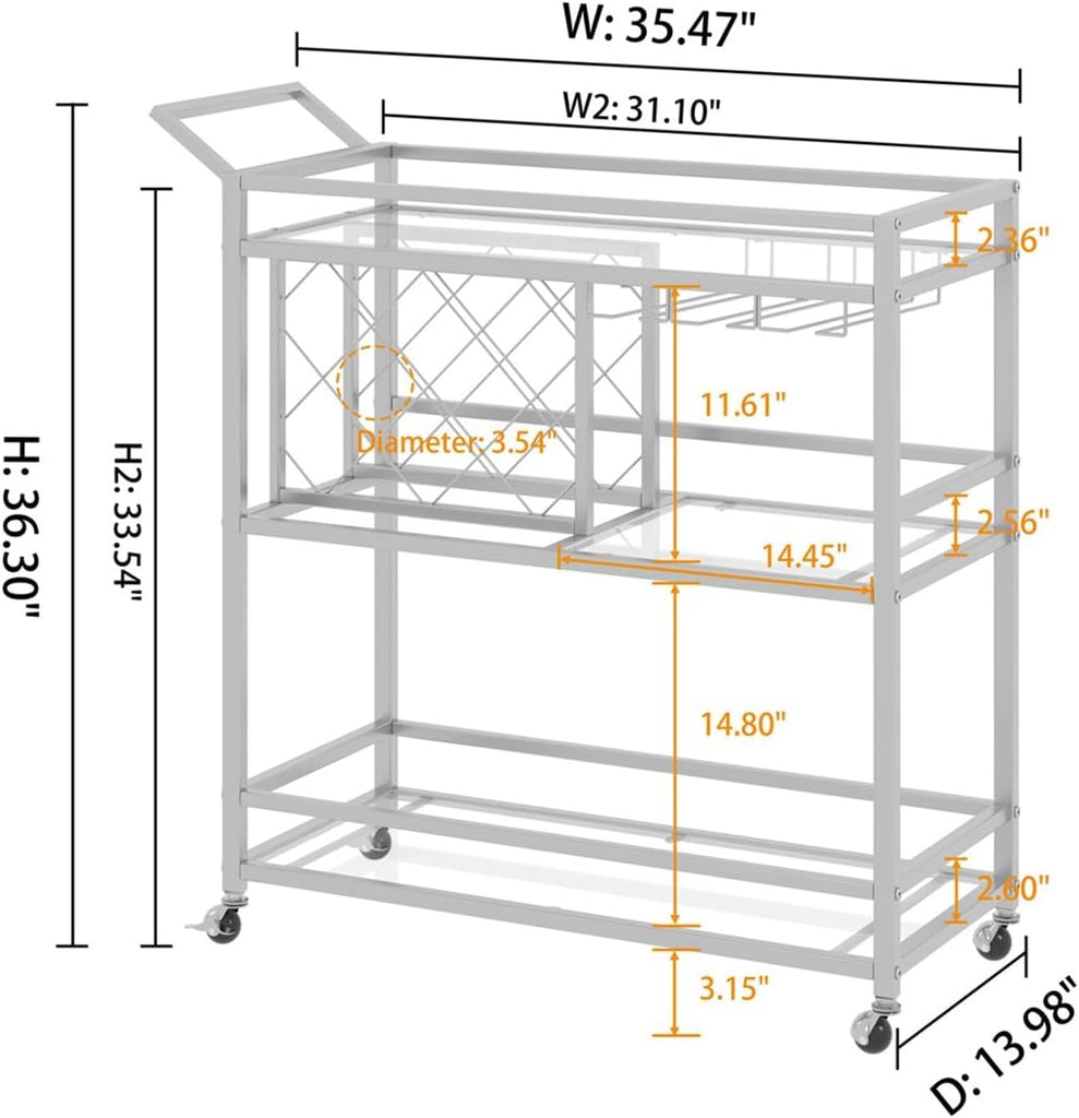 Bar Cart Silver, Bar Carts for The Home, Home Bar Serving Carts for Liquor, Rolling Wine Cart with 3 Tier Mirrored