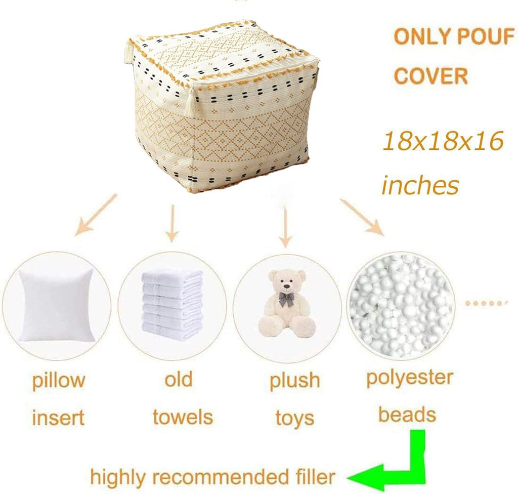 Unstuffed Tufted Ottoman Tassel Square Pouf, Yellow, 18x18x16 inches