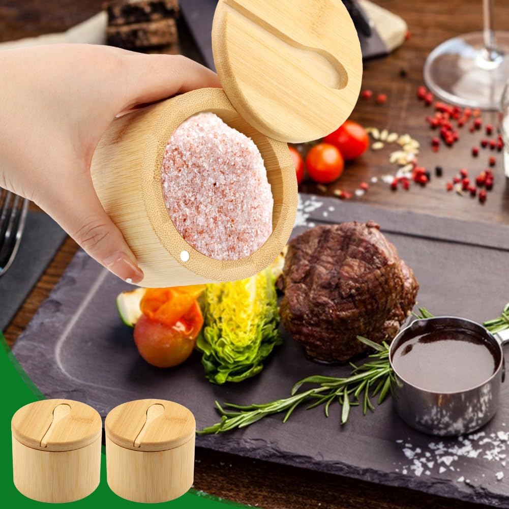 Bamboo Salt Cellar with Magnetic Swivel Lid & Spoon, Spice Box Bowl Storage Box Salt Container to Storage - Set of 2