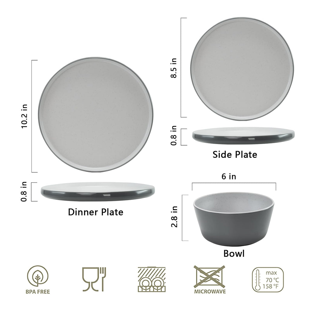 Melamine Dinnerware Sets, Dishware Sets for 4, Light Grey, White