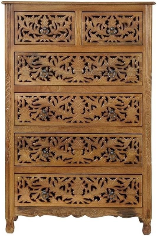 Solid Mango Wood 6-Drawer Tall Chest, 54 Inch, Brown Finish, Floral Carved Accents, Space-Saving Vertical Design