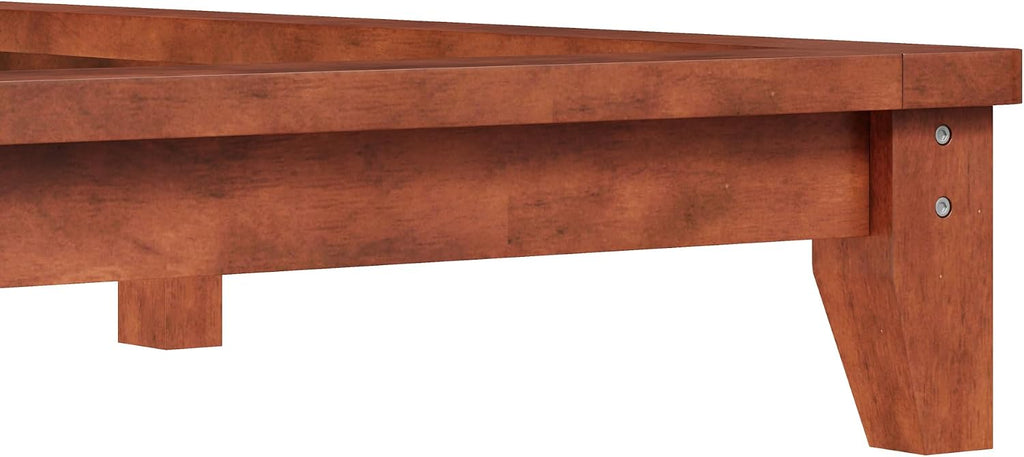 Mid-Century Full Size Wooden Bed Frames, Pine Wood Japanese Low Platform Bed with Brown Headboard, 7 inch Low Under