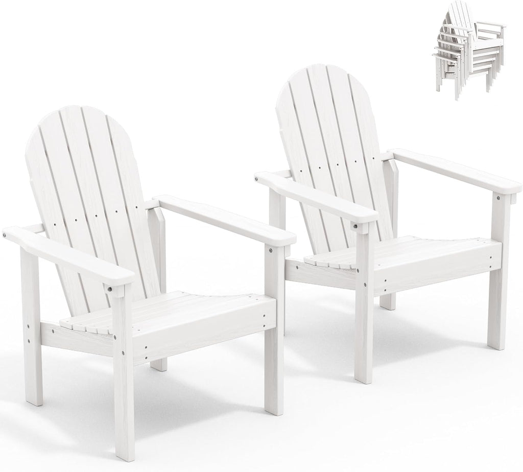 HDPE Stackable Adirondack Chairs Set of 2,Space-Saving, White | Weather-resistant Adirondack chair resists fading and