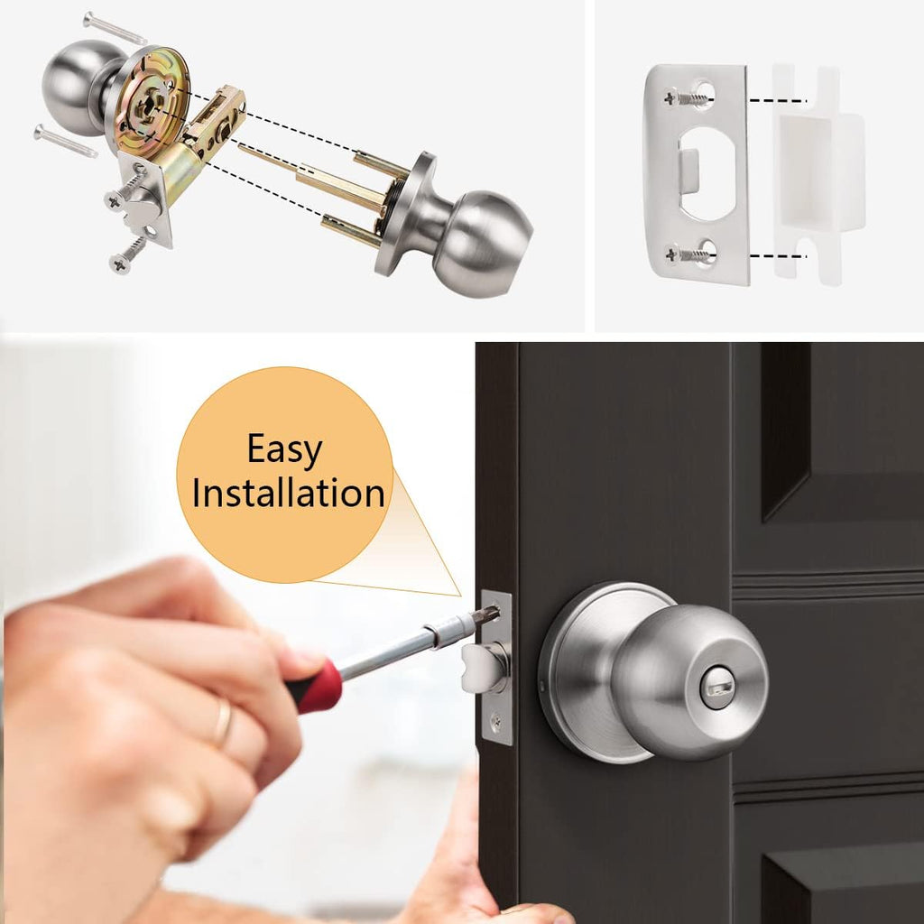 Privacy Interior Door Knobs Stainless Steel, Keyless Door Locks Bathroom, Brushed Nickel, 6 Pack