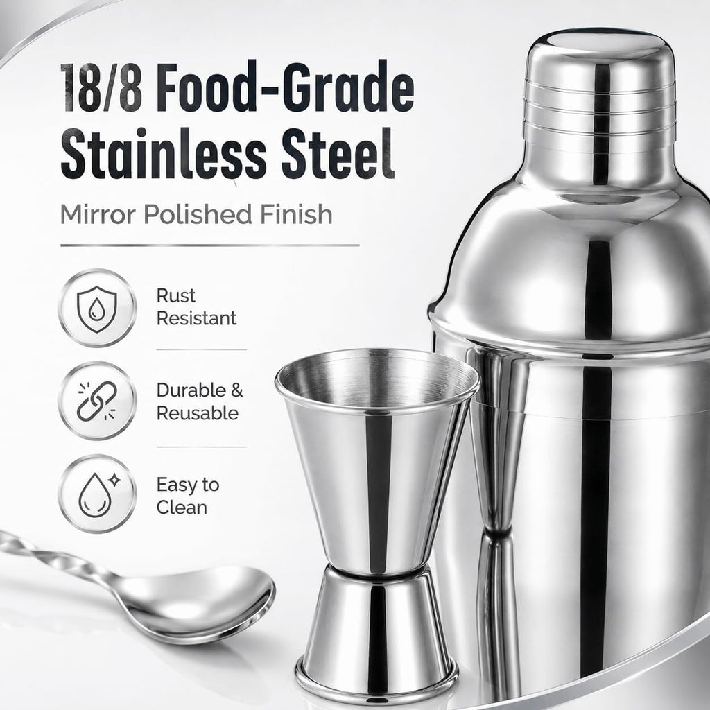 Cocktail Shaker Set, 6-Piece 18/8 Food-Grade Stainless Steel Mixology Bartender Kit - Premium Bar Tools with Muddler - Set of 6