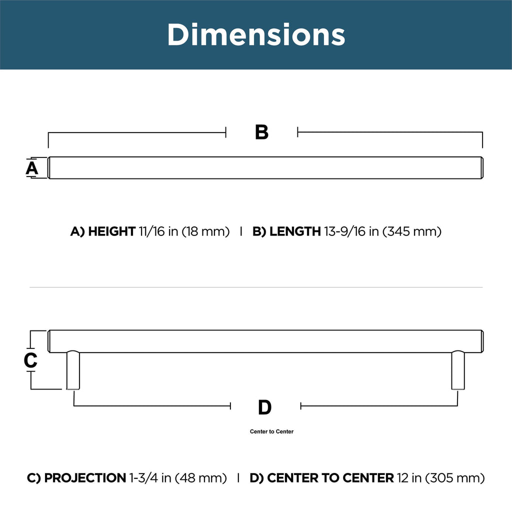 ) - Stainless Steel Cabinet Handles, 12 Inch Hole Center, Casual Pulls for Drawers, Kitchen Cabinet Door