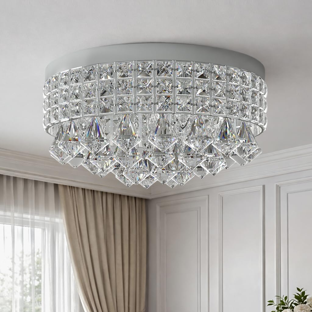 4 Lights Crystal Chandelier, Modern Drum Ceiling Light Fixture Lamp, Raindrop Flush Mount Round Metal Shade, for
