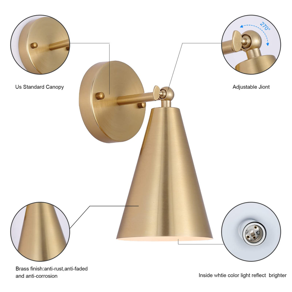 Gold Sconces Set of 2, Modern Brass Wall Sconces Lighting Fixtures with Metal Shade, Indoor Decor Wall Mount Swing