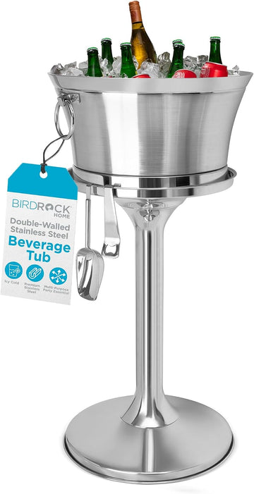 Metal Beverage Tub w/Stand, Scoop & Bottle Opener - Stainless Steel Double Wall Ice Cooler - Large Drinks, Beer