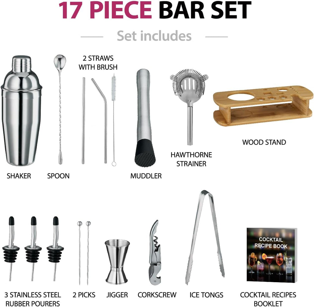 Cocktail Shaker Set - 17 Piece Stainless Steel Mixology Bartender Kit, Drink Martini Shaker, Home Bar Accessories
