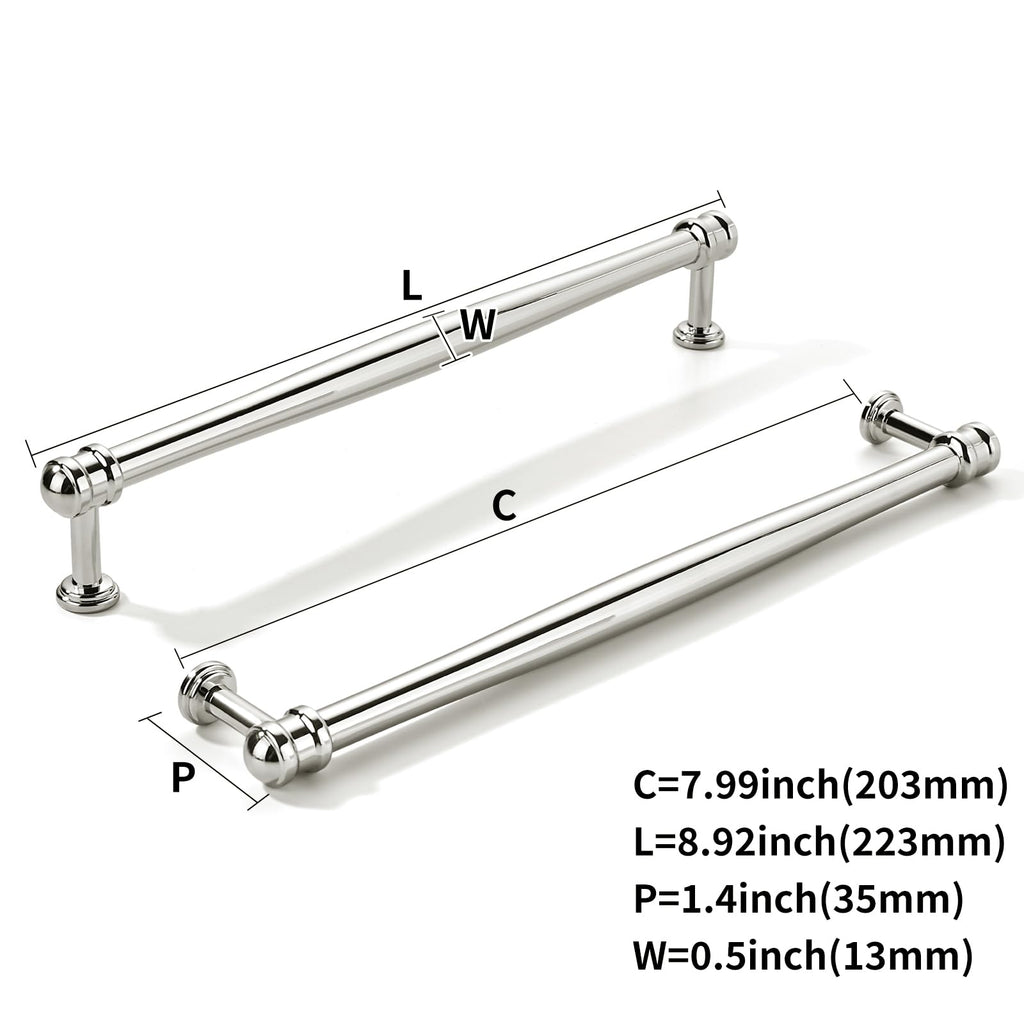 10 Pack 8inch(203mm) Hole Center Vibrant Polished Nickel Cabinet pulls Solid Heavy-Duty Tradition Kitchen Cabinet
