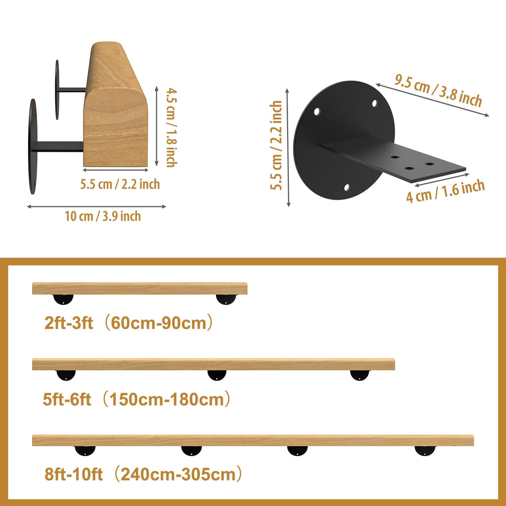 8FT Wooden Stair Handrails Indoor Outdoor Wall Mount