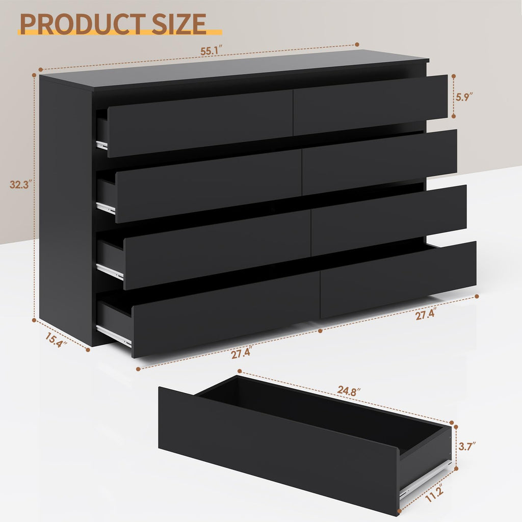 8 Drawer Dresser Black 55" Wide Multi-Functional Storage Organizer