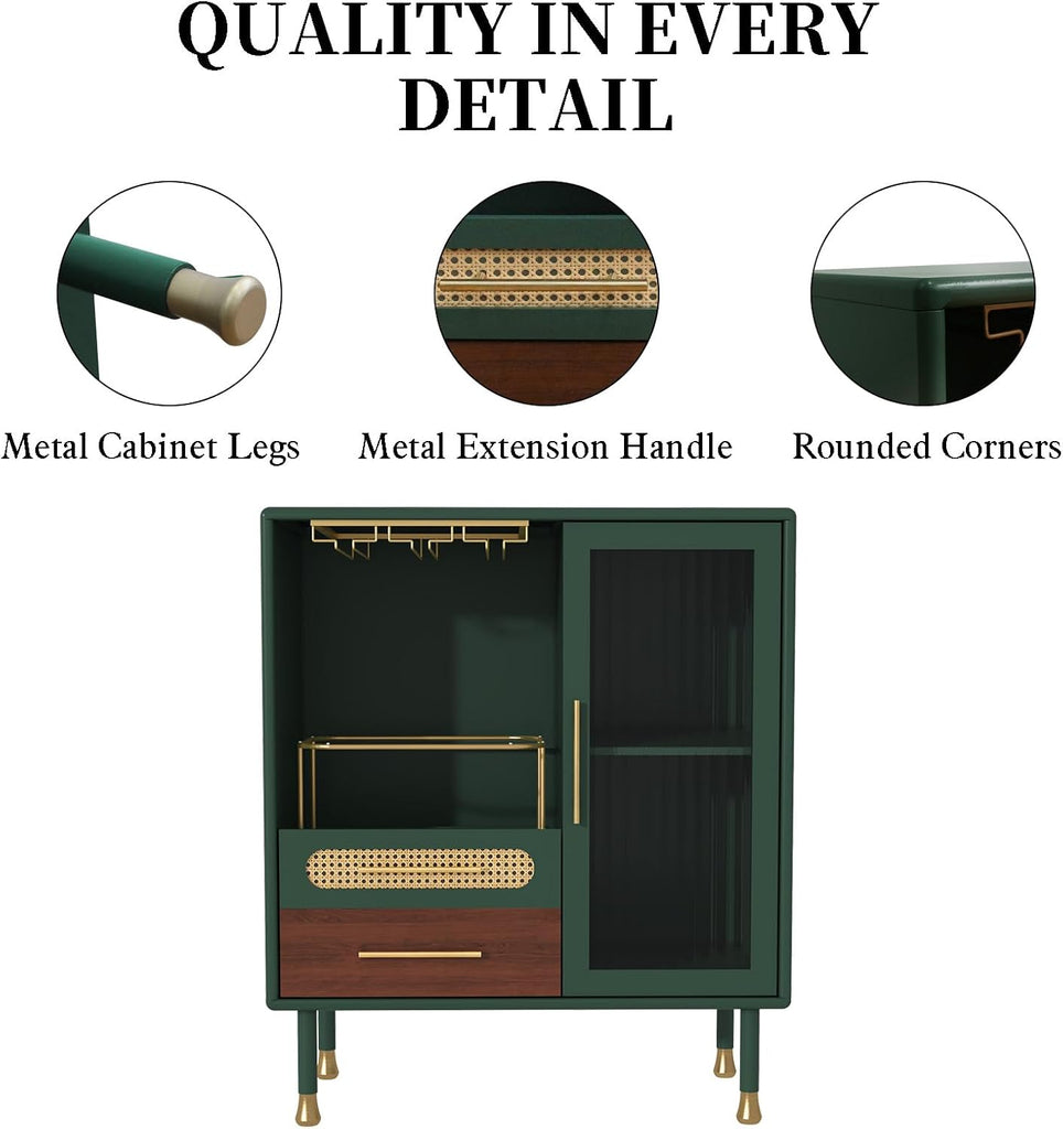 Modern Coffee Bar Cabinet with Pull-Out Wine Storage, Green | Bar Cart with Wine Glass Rack and Drawers, Liquor