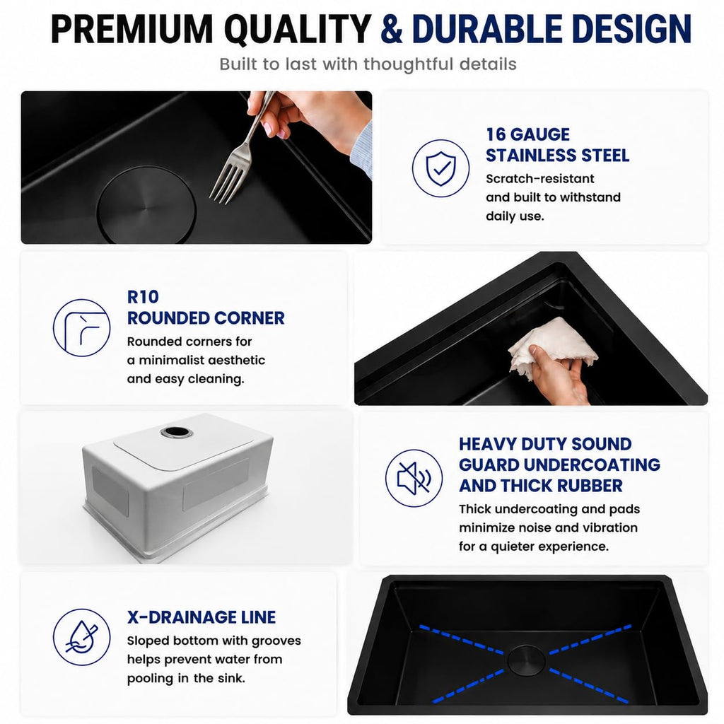 28 Inch Black Undermount, 16 Gauge Workstation Sink