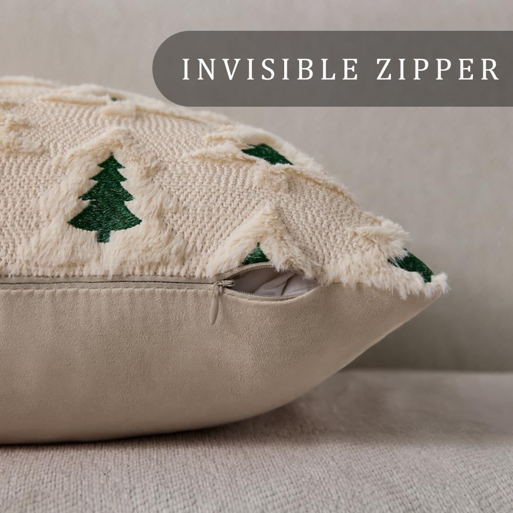 Christmas Pillow Covers 18x18 Beige Double Xmas Tree Pillow Covers Soft Plush Faux Fur Christmas Decorations - Set of 2