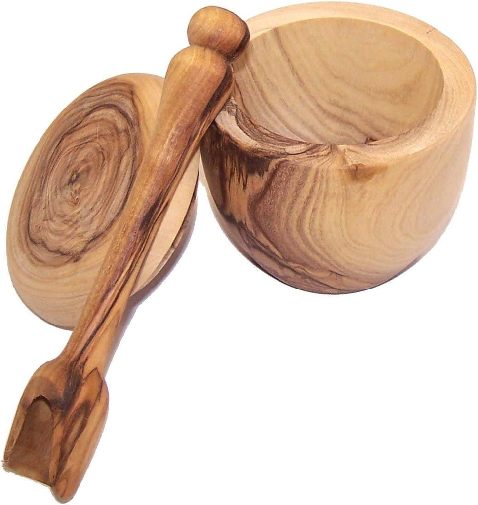 Olive wood Salt Cellar with Olive wood long Spoon set (3 Inch Cellar and 5 Inches spoon) - Asfour Outlet Trademark - Set of 3
