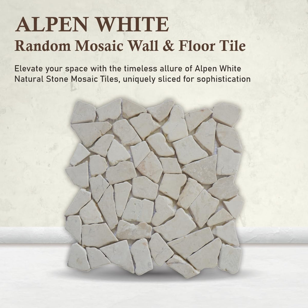 Alpen White Random Mosaic, Tumbled Stone Back Splash Tiles Walls, Shower and Bathroom Floors, and Outdoor Areas