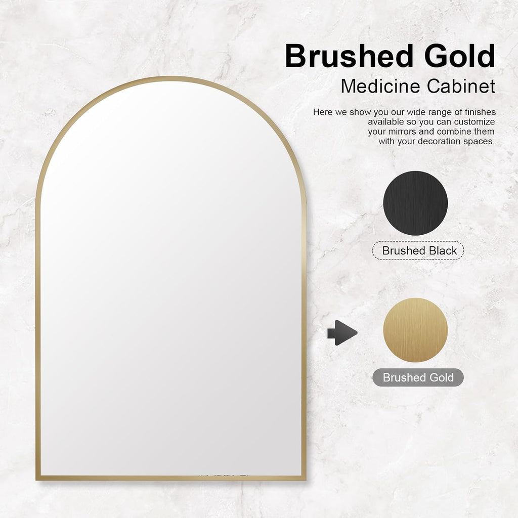 Recessed Medicine Cabinet,Arched Medicine Cabinet with Mirror | Brushed Gold Metal Edge,3 Adjustable Glass
