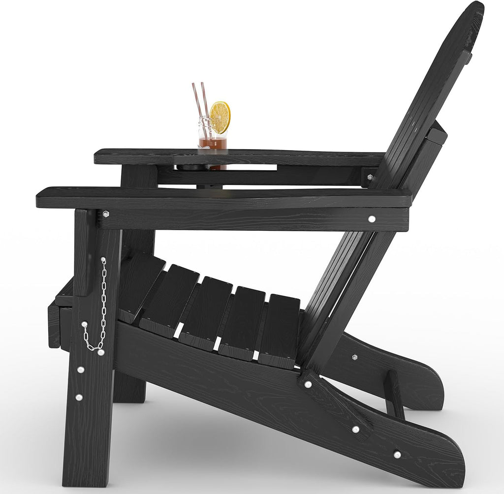 HDPE Folding Adirondack Chair Set of 2 with Side Table, Black | All-Weather Resistant & Wood Textured & Cup Holder