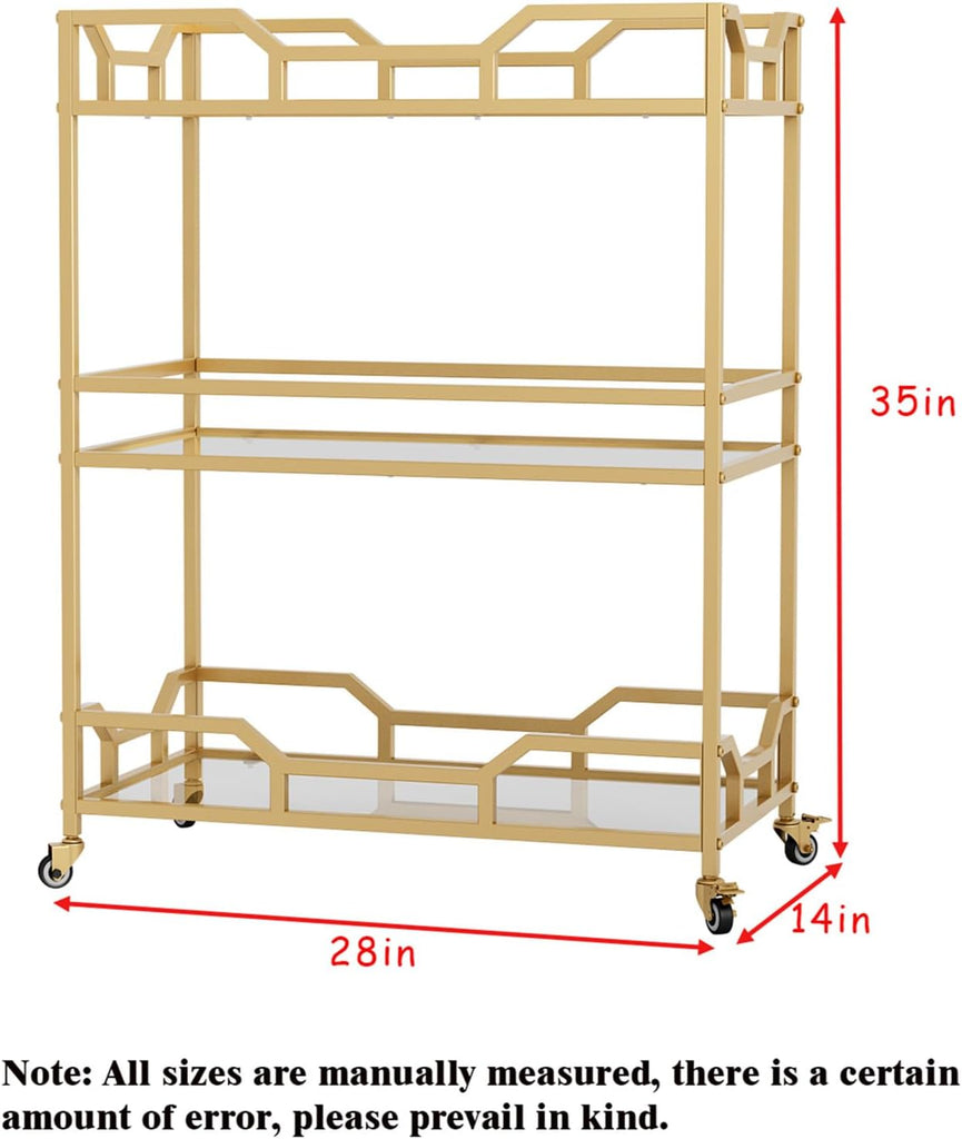 Square Gold Bar Carts with 3 Tier Storage Glass Shelves Holder Home Serving Bar Carts on Wheels , Bar, Dinning Room