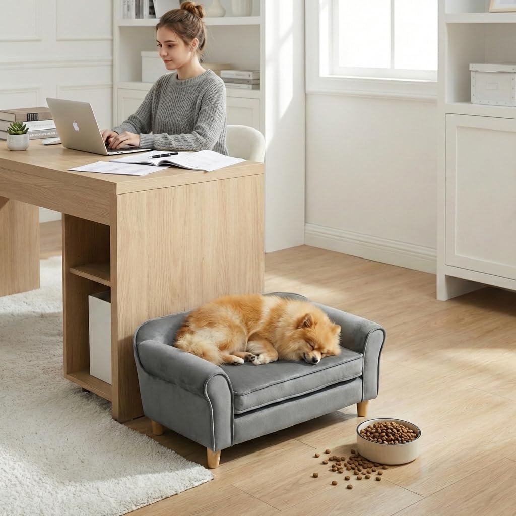 Pet Sofa Bed for Small Dogs and Cats with Backrest and Armrest 28.7" Modern Velvet Pet Couch Comfort Elevated Dog