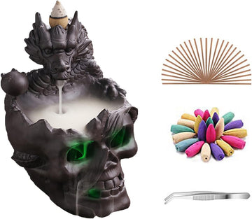 Dragon Waterfall Incense Holder - Ceramic Backflow Burner with Skull Head, Zen Meditation Decor, Yoga Studio - Unique