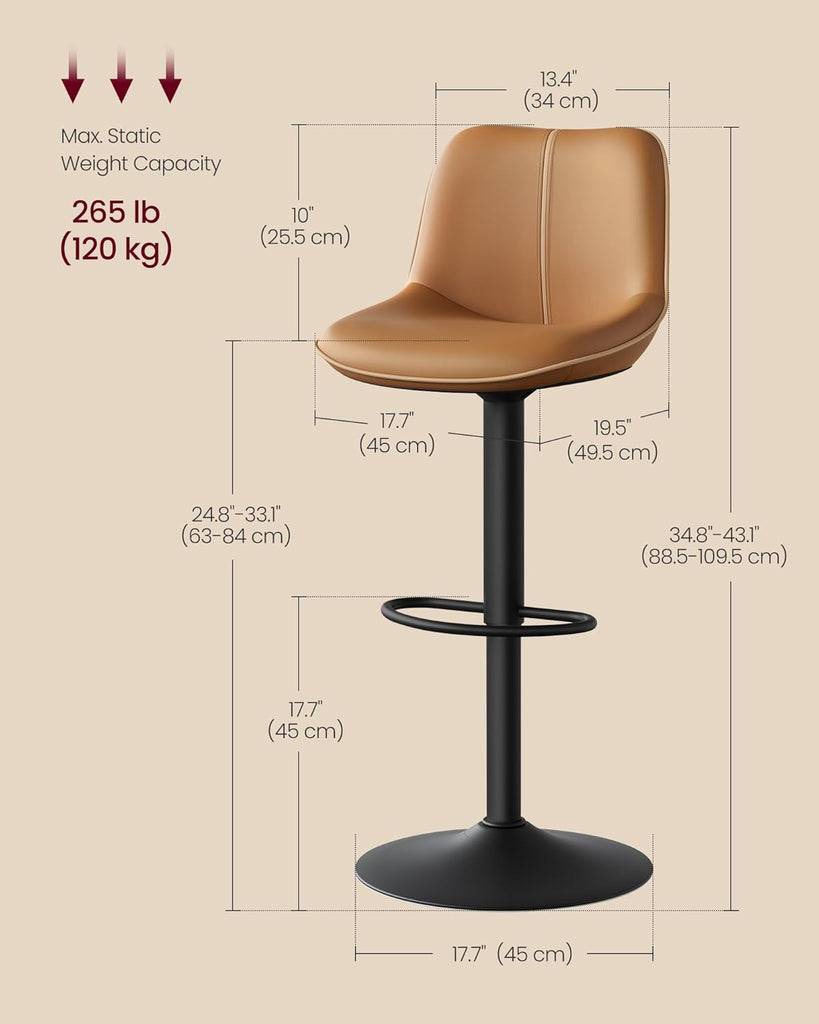 Bar Stools Set of 4, Adjustable Height Swivel Barstools with Ergonomic Backrest, Synthetic Leather, Larger Metal