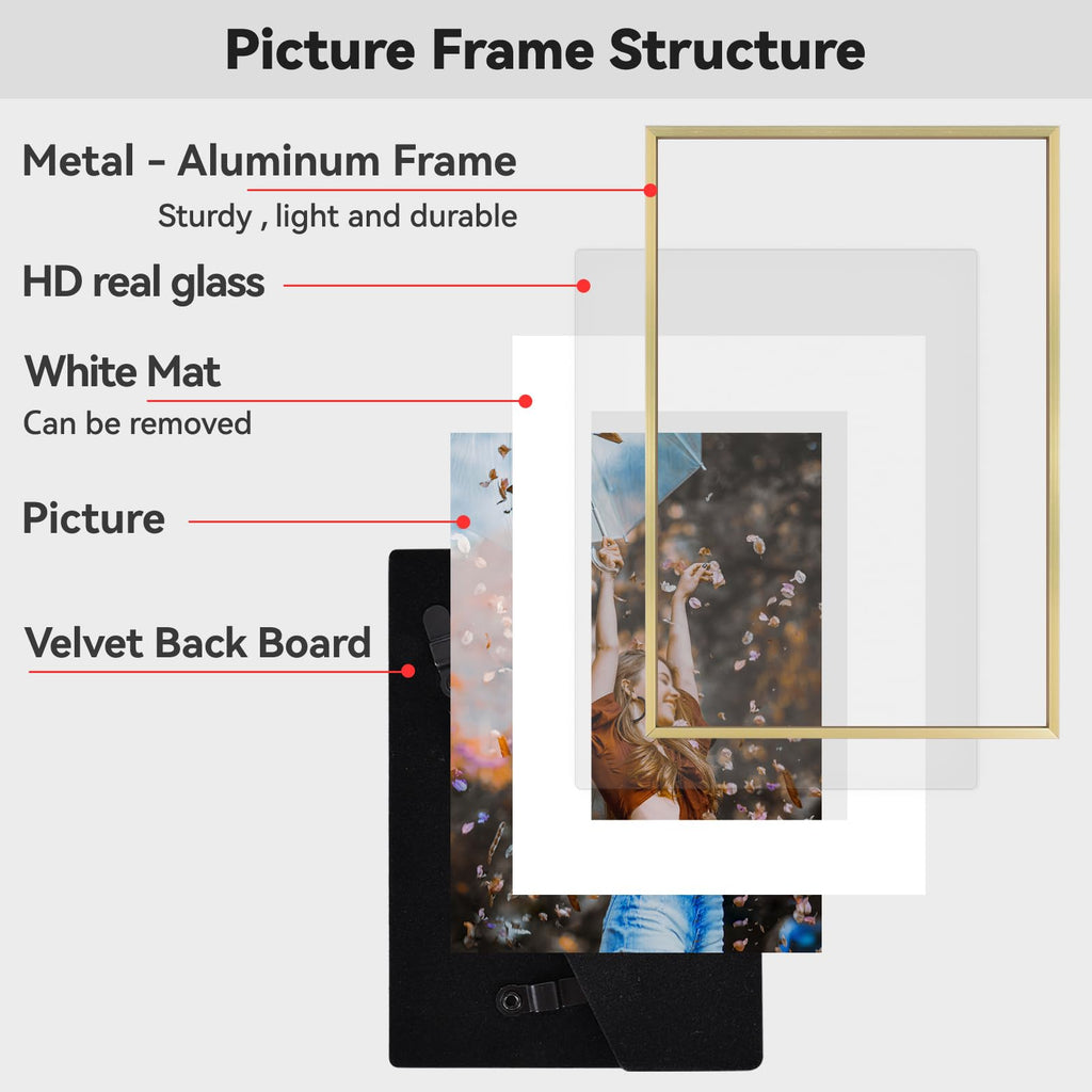 11x14 Brass Photo frames 3 Pack HD Glass Mat For 8x10 Wall Mount