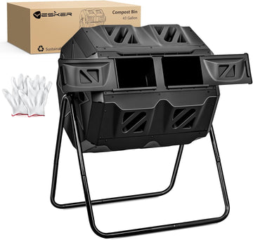 Dual Chamber Compost Bin Outdoor with Sliding Doors, 43 Gallon | 360° Rotating Tumbling Composter, Efficient