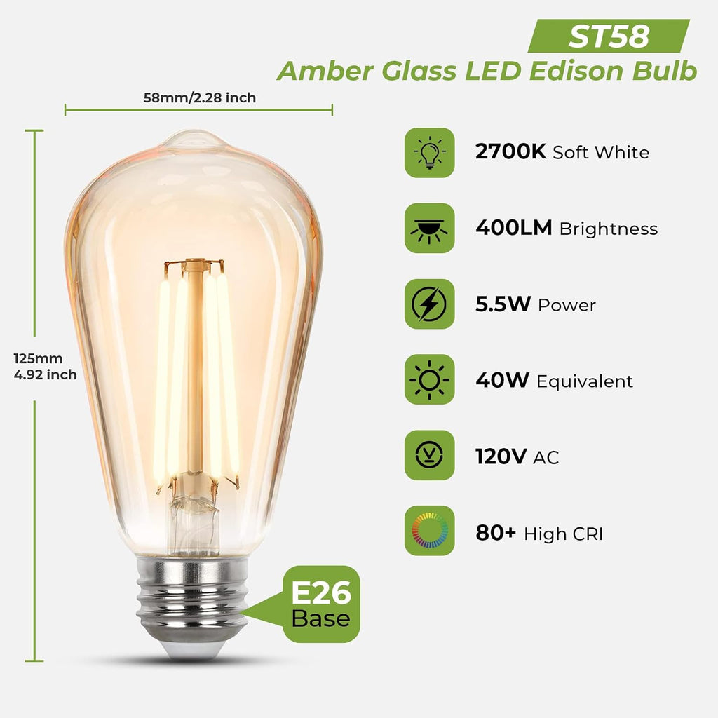 LED Edison Bulbs 40 watt Equivalent, E26 Light Bulb Dimmable, Soft White 2700K, Amber Glass ST58 Vintage LED Bulbs