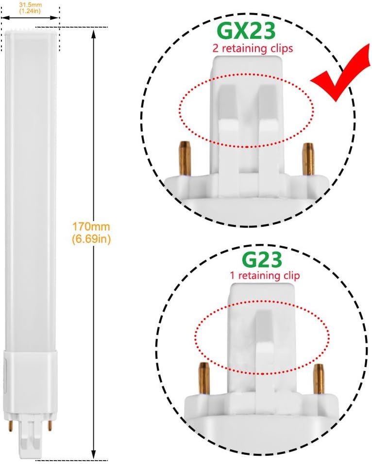6W LED GX23 PL Lamp 2-Pin Base 13W CFL Replacement 6000K