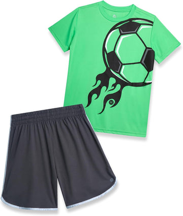 Boys 2 Piece Graphic Tees & Mesh Gym Shorts Set, Elastic Waistband