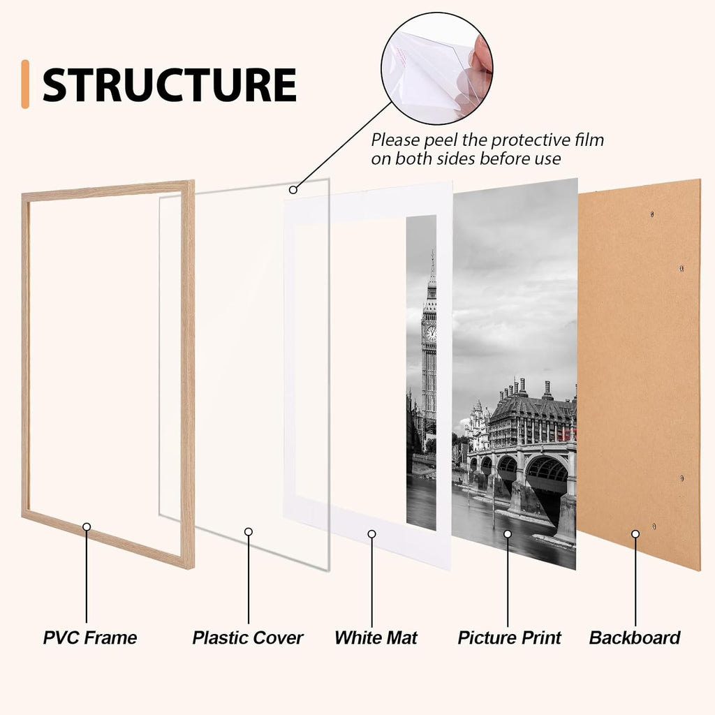 11x14 Picture Frame Set of 6, 8.5x11 with Mat, Wall Mount, Natural | Shatter Resistant Plastic Cover, Thin Border and