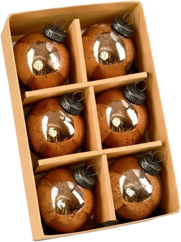 Set of 6 Copper Bronze Mercury Glass Christmas Ball Ornament for Window Box, Decorative Ornaments for Holiday Décor