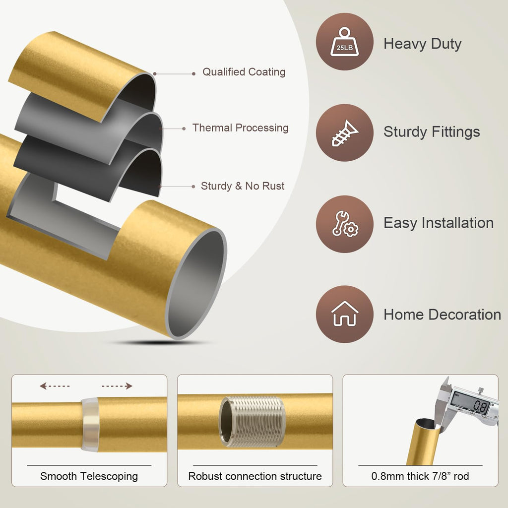Gold Curtain Rods for Windows 72 to 144 Inches Adjustable Length Heavy Duty 7/8" Diameter Window Curtain Rod with