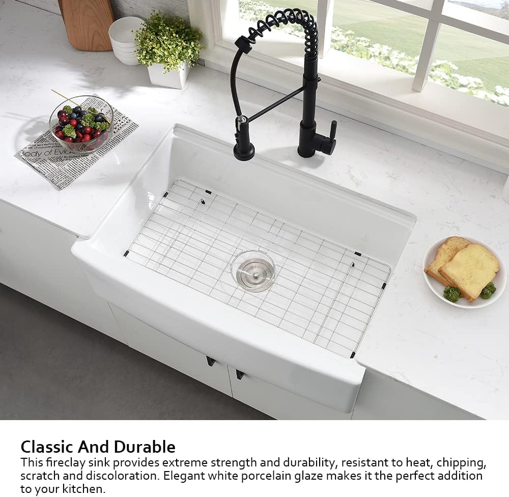 33 Inch Farmhouse Sink White Fireclay Porcelain Ceramic Farm Sink | 33x21 Farmhouse Kitchen Sink,Apron Front