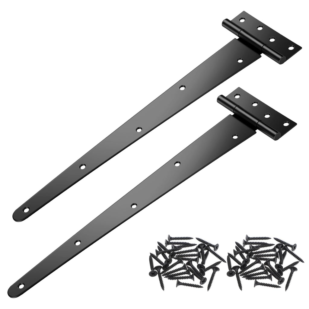 2 Pack 16-Inch Heavy Duty T-Strap Hinges, Black Wrought Iron Gate Hinges with Rust-Resistant Coating, Large 270°