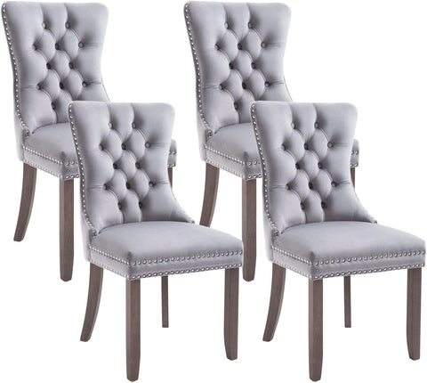 Velvet Dining Chairs Set of 4, Tufted Upholstered Chairs with Nailhead Back and Ring Pull, Solid Wood Legs, Light Grey